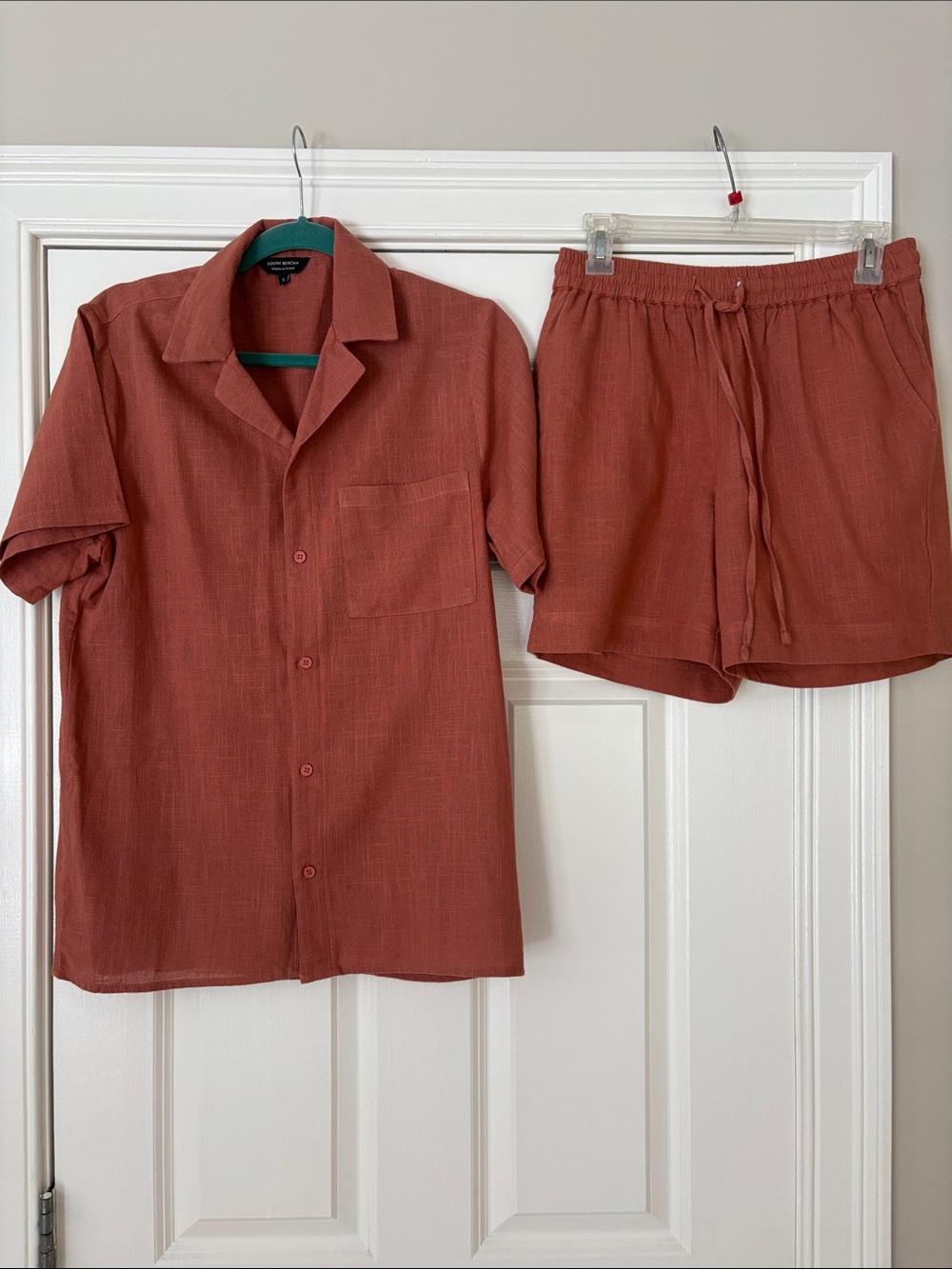 South Beach Men's Short-Sleeve Button Shirt and shorts in Rust